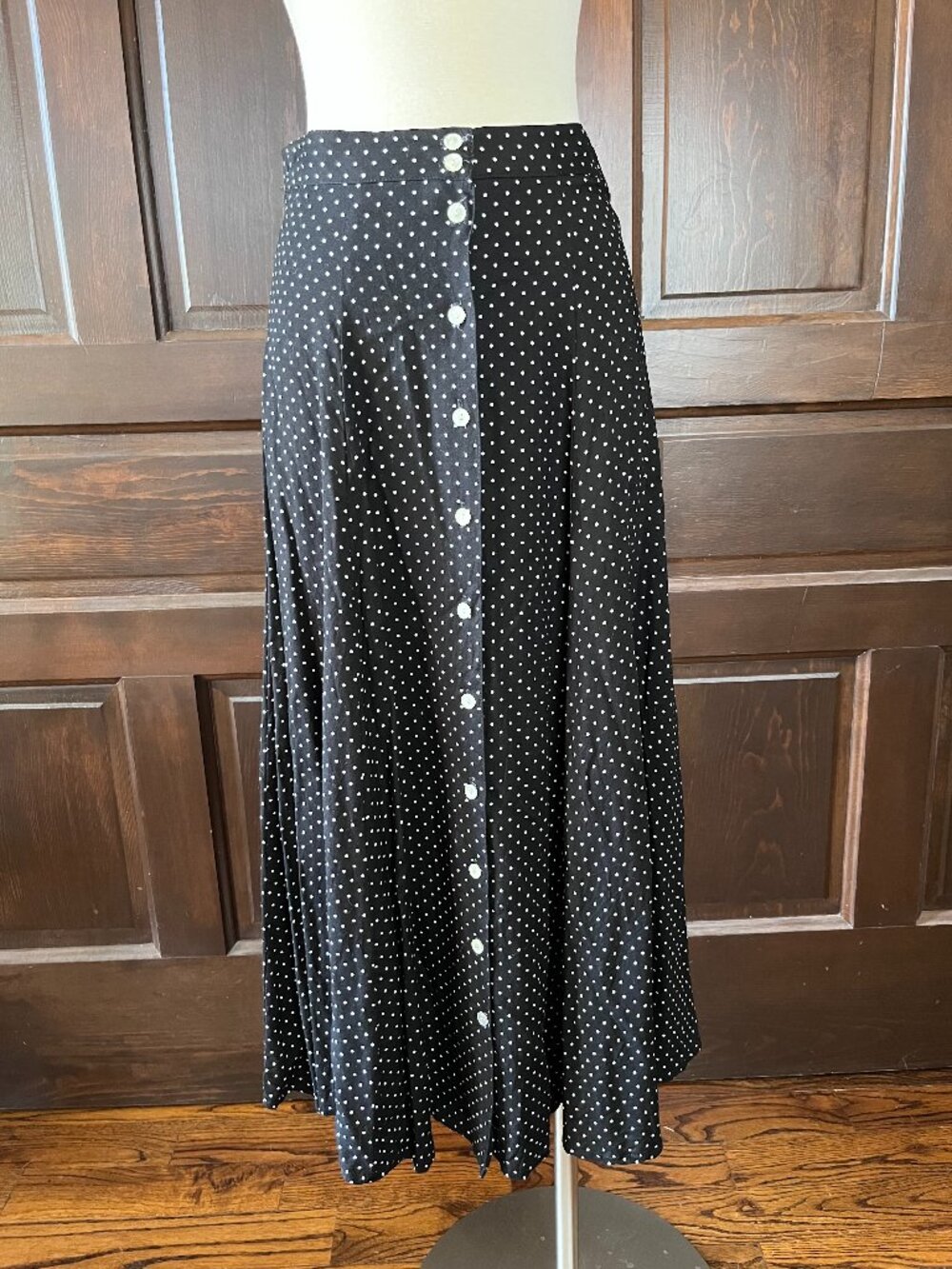 EXPRESS Vintage Maxi Skirt Sz S Black Polka Dots Button Front Rayon Made in USA